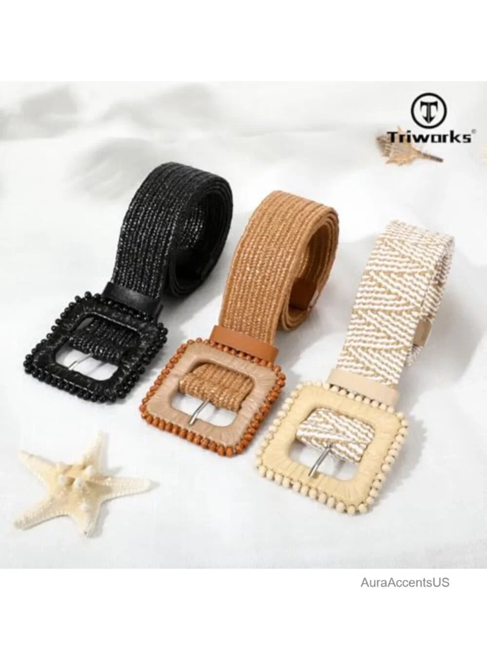 3 Pack Straw Woven Elastic Stretch Belts for Women Dress Fashion Boho Braided